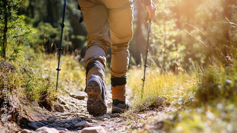 Hiking boots on rocky trail in the forest with hiking poles in a sunny day Hiking boots on rocky trail in the forest with hiking poles in a sunny day