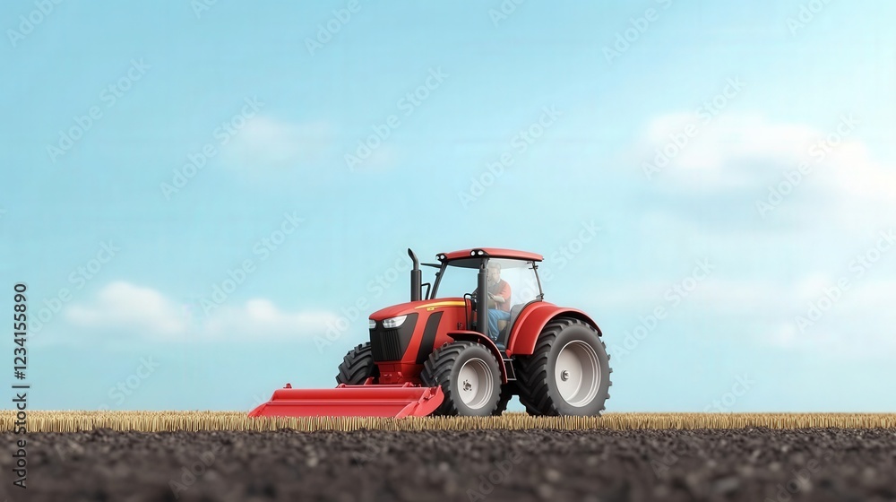 Red tractor parked in a green field under a clear blue sky during a sunny day Red tractor parked in a green field under a clear blue sky during a sunny day