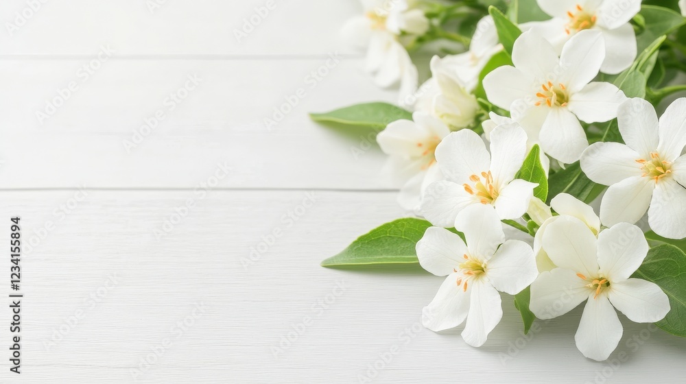 Bunch of white flowers arranged on a white wooden table for a minimalist aesthetic Bunch of white flowers arranged on a white wooden table for a minimalist aesthetic