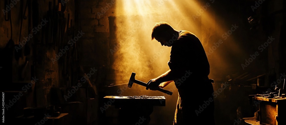 Blacksmith forging metal in dusty workshop Blacksmith forging metal in dusty workshop