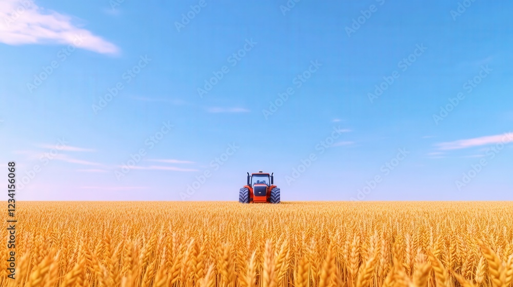 Fototapeta premium Tractor working in a golden wheat field under a blue sky during the harvest season