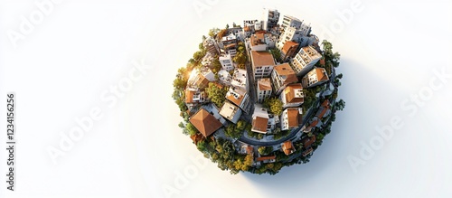 Spherical city aerial view, white background, urban development