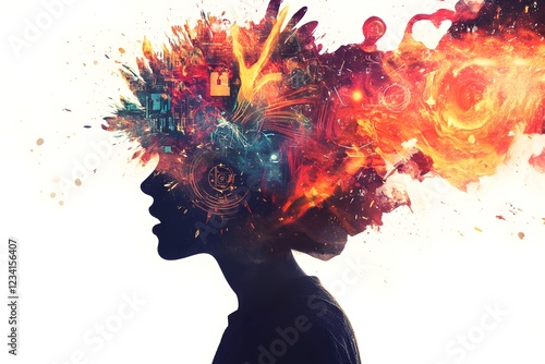 ADHD in Hyperactive Chaos ,A silhouette of a person with their head exploding into a dazzling array of swirling colors, symbols, and digital noise in white background. Mental health concept