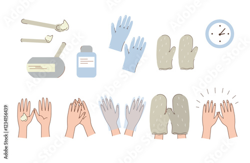 Set vector icons. Infographics process of cold paraffin therapy for hands, The concept emphasizes beauty, skin care, and relaxation.