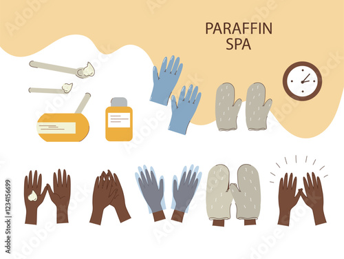 Set vector icons. Infographics process of cold paraffin therapy for hands, The concept emphasizes beauty, skin care, and relaxation.