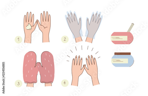 Set vector icons. Infographics process of cold paraffin therapy for hands, The concept emphasizes beauty, skin care, and relaxation.