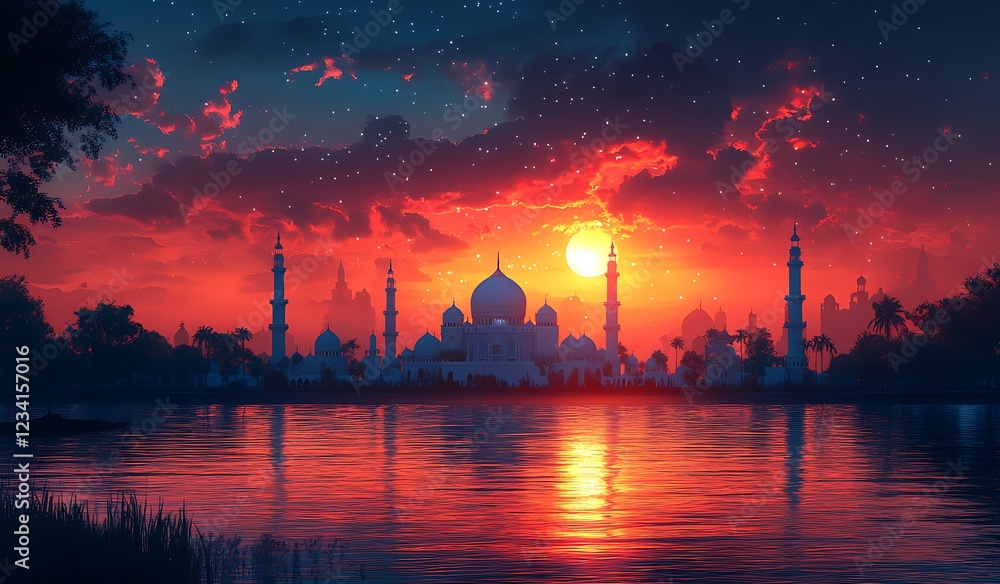 Naklejka premium Sunset Behind a Silhouette of themosque with Reflection on Water