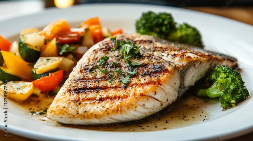 A close-up of a plate of grilled fish with a side of steamed vegetables A close-up of a plate of grilled fish with a side of steamed vegetables