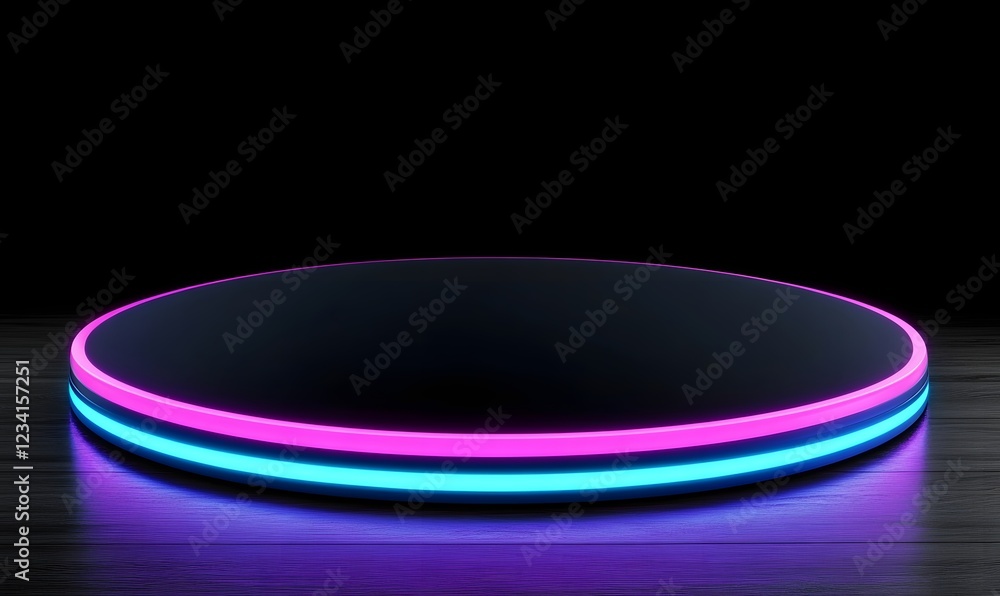 Neon-lit circular platform on dark wood, product display, futuristic background Neon-lit circular platform on dark wood, product display, futuristic background