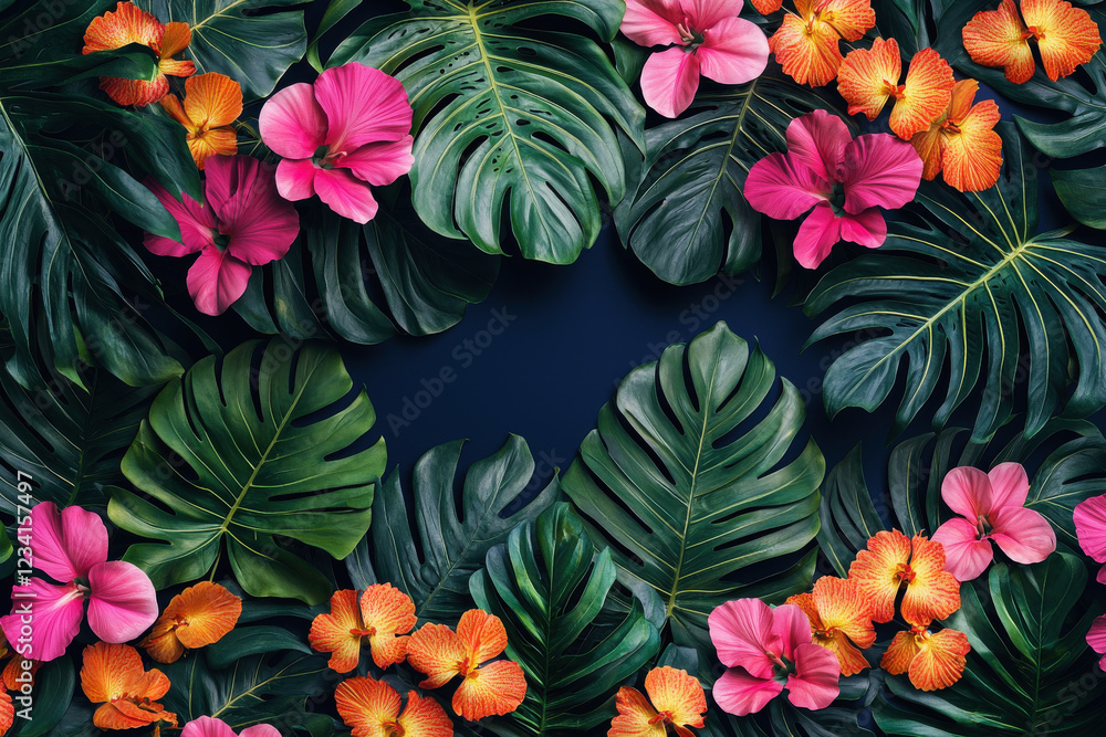 Naklejka premium Vibrant tropical foliage pattern featuring monstera and heliconia flowers on a navy blue background