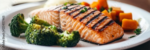 A close-up of a plate of grilled salmon with steamed broccoli and sweet potatoes photo