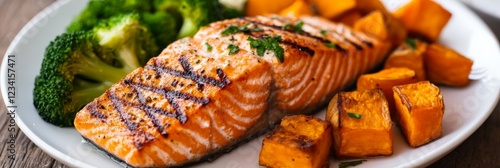 A close-up of a plate of grilled salmon with steamed broccoli and sweet potatoes photo