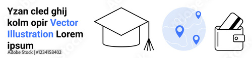 Graduation cap symbolizing education, world map with location pins representing travel, and wallet with credit cards. Ideal for educational content, travel planning, finance management, online