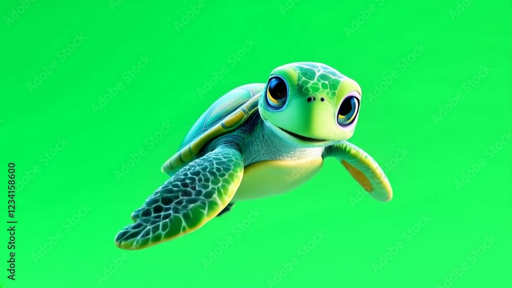 Cute cartoon turtle swimming, green screen background, animation, video ...