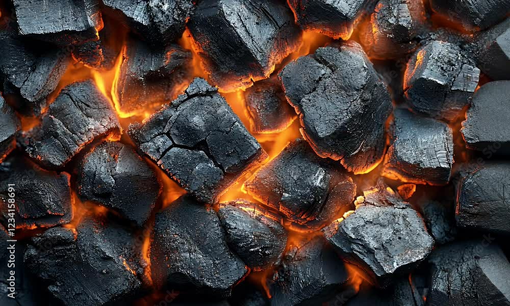 Close-up view of glowing charcoal pieces, showcasing heat and texture, ideal for cooking imagery Close-up view of glowing charcoal pieces, showcasing heat and texture, ideal for cooking imagery