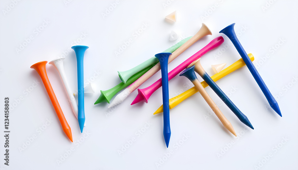 A set of golf tees in different colors, arranged neatly on a white background, showing their slender design and sharp tips A set of golf tees in different colors, arranged neatly on a white background, showing their slender design and sharp tips