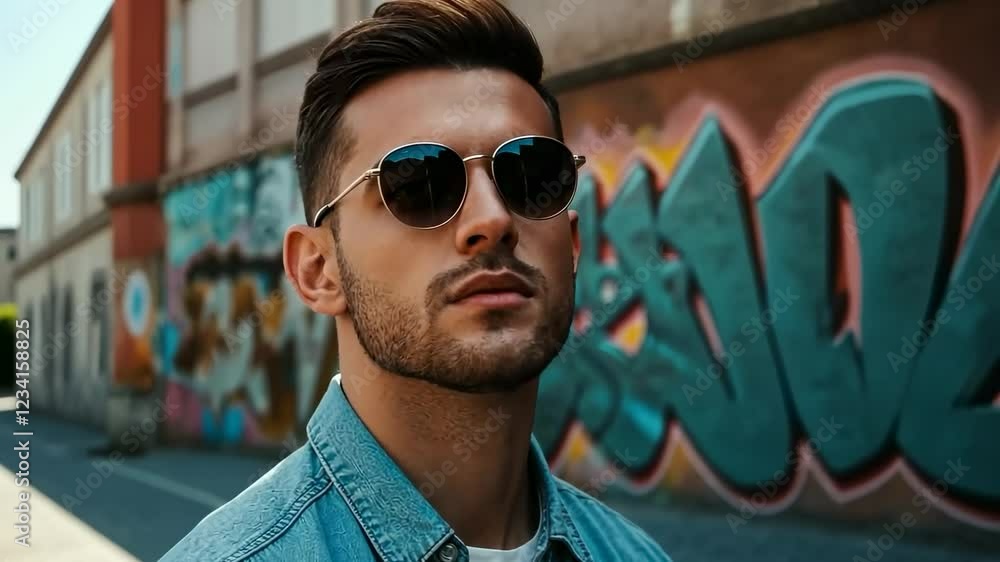 Urban style walk: man in sunglasses strolling through graffiti alley Urban style walk: man in sunglasses strolling through graffiti alley