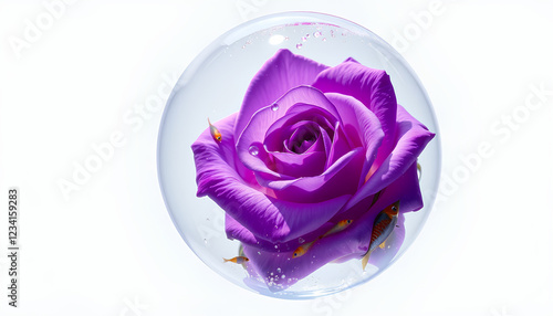 A mesmerizing violet rose preserved inside a floating glass bubble filled with twinkling water, surrounded by radiant little fish, with a white background