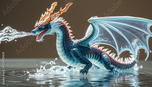 A majestic dragon with translucent glass wings, exhaling a stream of water instead of fire