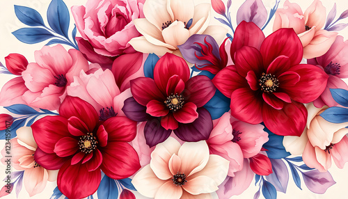 A lavish watercolor floral tapestry, with each petal blending effortlessly into a rich medley of ruby red, indigo, and creamy beige