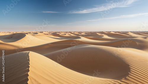 A vast undulating desert landscape with golden sand dunes under the bright sun showcasing a stunning natural scene