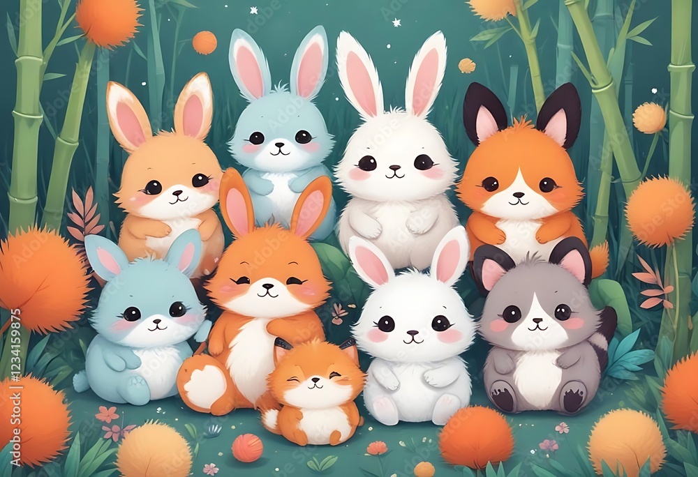 Obraz premium Adorable Bunny and Animal Friends Cartoon Illustration