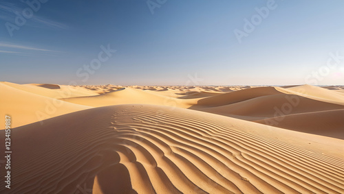 A golden desert landscape with vast sand dunes undulating across the horizon under the bright sun