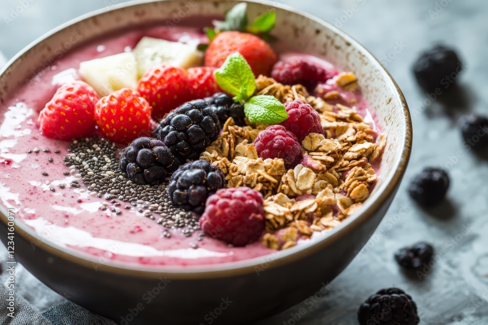 A close-up of a smoothie bowl topped with fresh berries, granola, and chia seeds A close-up of a smoothie bowl topped with fresh berries, granola, and chia seeds