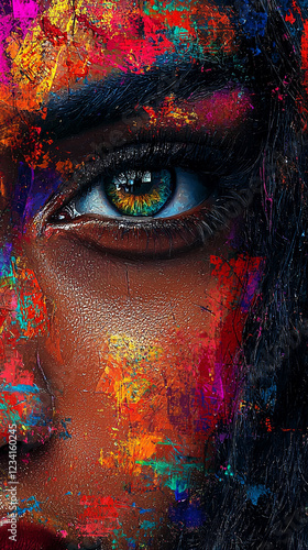 Abstract Colorful Eye Portrait Vivid Paint Splatter Artistic Face