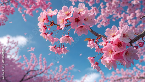 A stunning realistic close-up of cherry blossoms in full bloom with soft colors and detailed texture