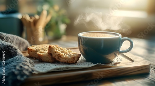 Warm Coffee Steaming, Sunlit Morning, Biscuit Treats photo