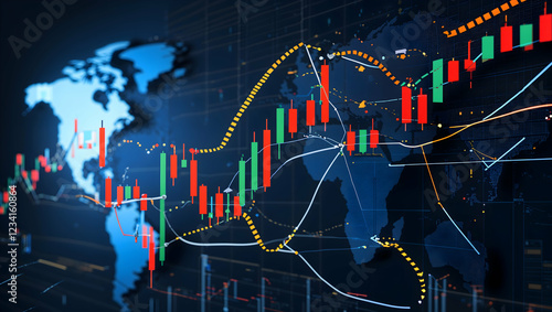 A striking and sophisticated candlestick chart visual with market analysis showing fluctuations in financial trading