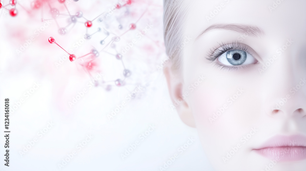 Close-up of a womans face with captivating blue eyes, surrounded by soft pastel colors and delicate floral elements Close-up of a womans face with captivating blue eyes, surrounded by soft pastel colors and delicate floral elements