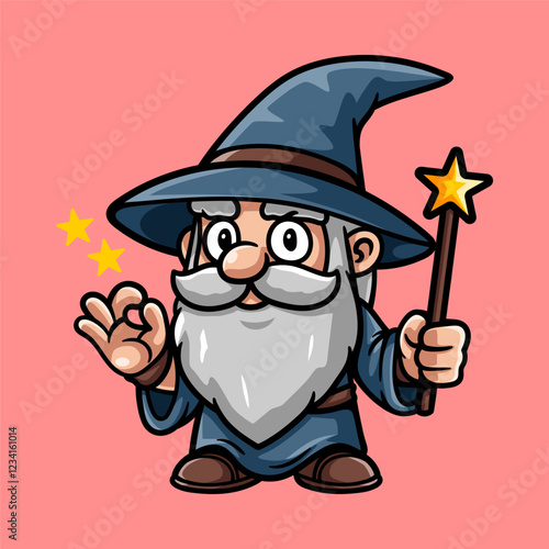 fun wizard hold magic wand cartoon colored character isolated drawing line style sketch classic vintage design illustration