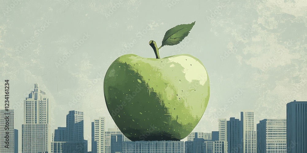 Naklejka premium Giant Green Apple Above City Skyline
