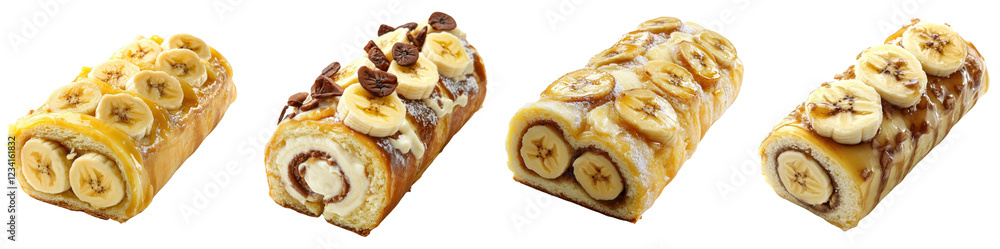 Banana Swiss roll isolated on white background Set Collection Png. Banana Swiss roll isolated on white background Set Collection Png.