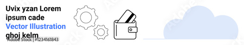 Wallet with credit card, two gears in background, and cloud shape. Ideal for finance technology, online banking, digital payments, data security, cloud computing, fintech solutions e-commerce