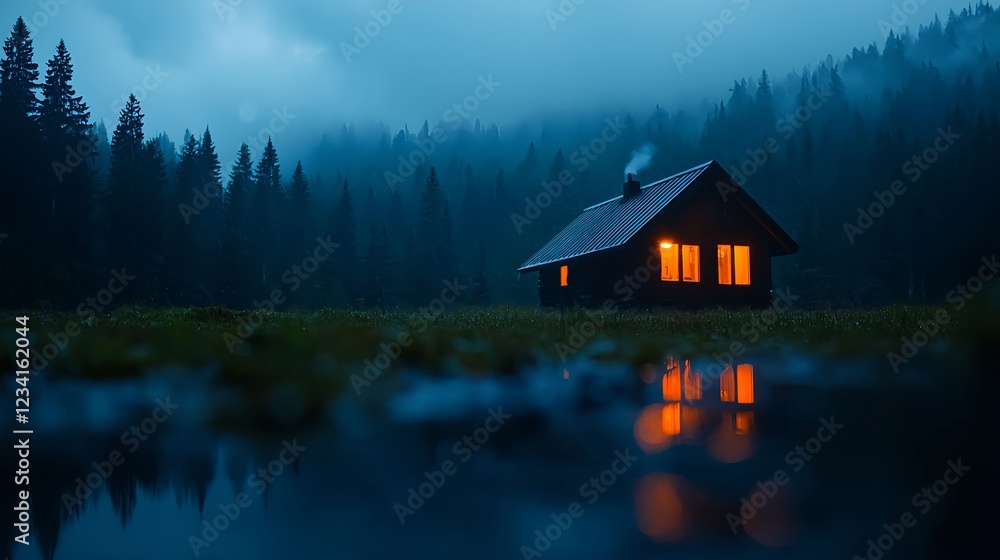 Fototapeta premium Cozy Cabin in Snowy Forest at Night