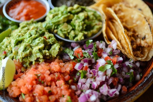 A close-up top view of a taco platter with guacamole and salsa