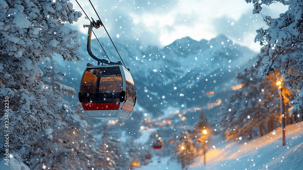 Scenic view of a ski gondola traveling through a snowy landscape with mountains in background Scenic view of a ski gondola traveling through a snowy landscape with mountains in background