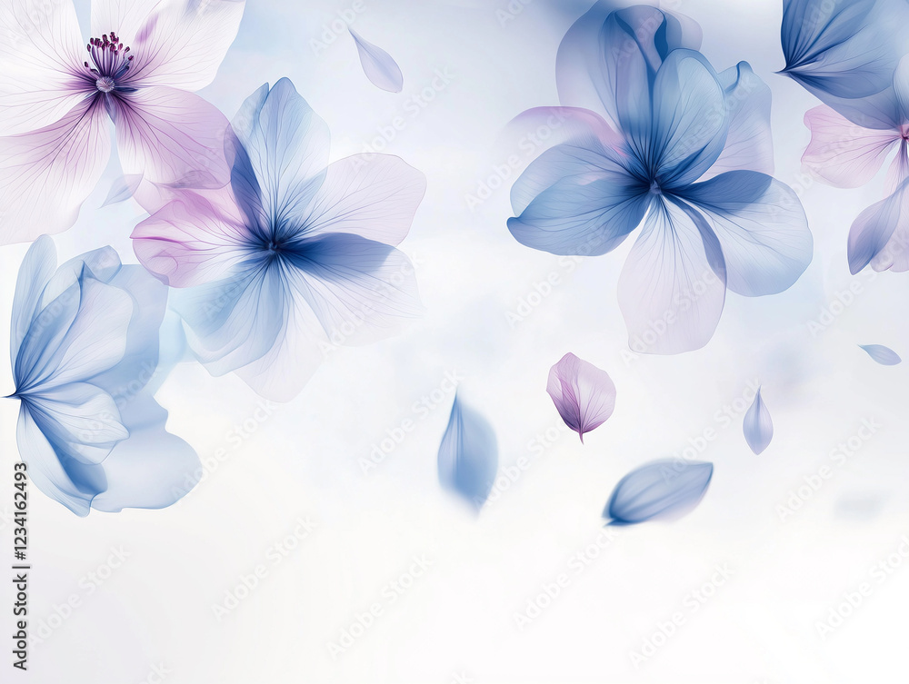 Obraz premium Delicate blue and purple flowers float gracefully, their translucent petals contrasting against a soft, e