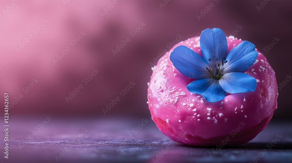 pink glazed donut with a blue flower in her hole on a subtle, blurry background. Food for thought, copy space concept.