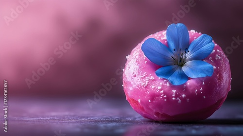 Obraz na płótnie pink glazed donut with a blue flower in her hole on a subtle, blurry background. Food for thought, copy space concept. w salonie