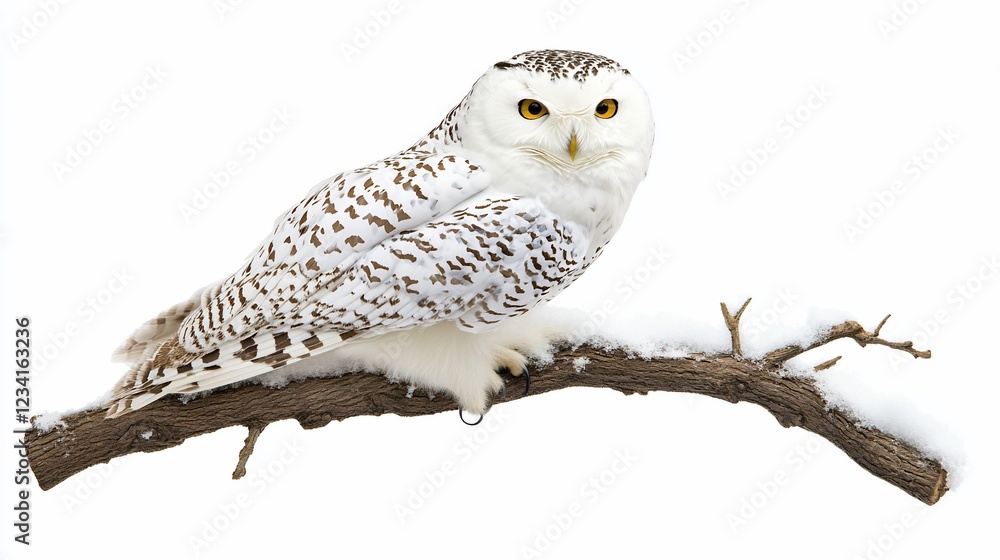 Fototapeta premium Snowy Owl perched on snow-covered branch, winter, isolated, wildlife