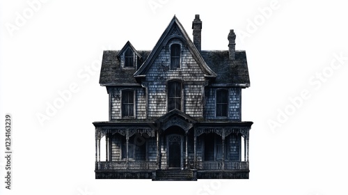 Spooky Victorian house, decaying facade, isolated, Halloween decoration photo