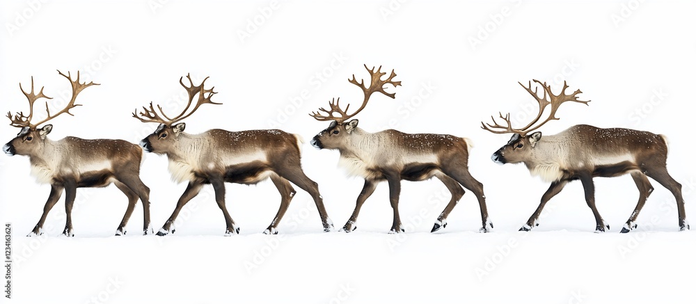 Obraz premium Reindeer walk snow, white background, winter, holiday
