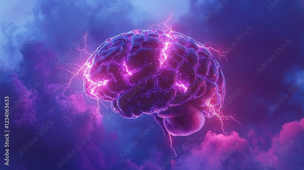Fototapeta premium Dynamic Brain Surrounded by Striking Lightning Bolts in a Dark Stormy Sky Representing Power Intellect and Creativity in a Stunning Visual Metaphor for Human Thought and Energy