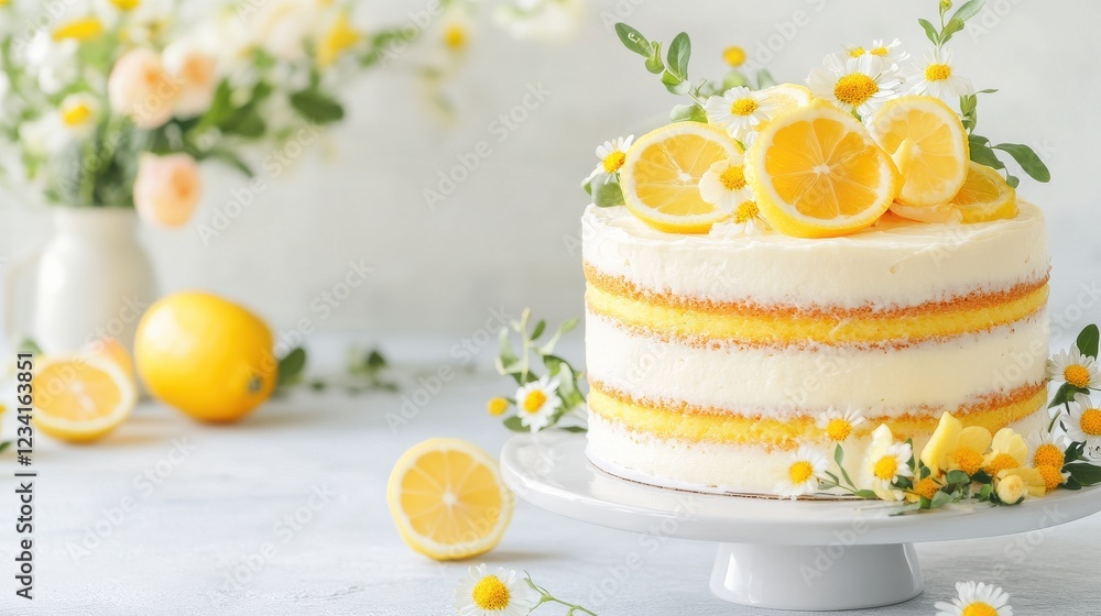 naked cake desserts concept. A beautifully decorated lemon cake adorned with fresh lemons and flowers, set on a light backdrop with soft, natural lighting. naked cake desserts concept. A beautifully decorated lemon cake adorned with fresh lemons and flowers, set on a light backdrop with soft, natural lighting.