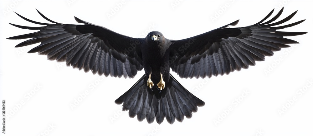 Obraz premium Black bird in flight, wings spread wide, isolated, graphic design element