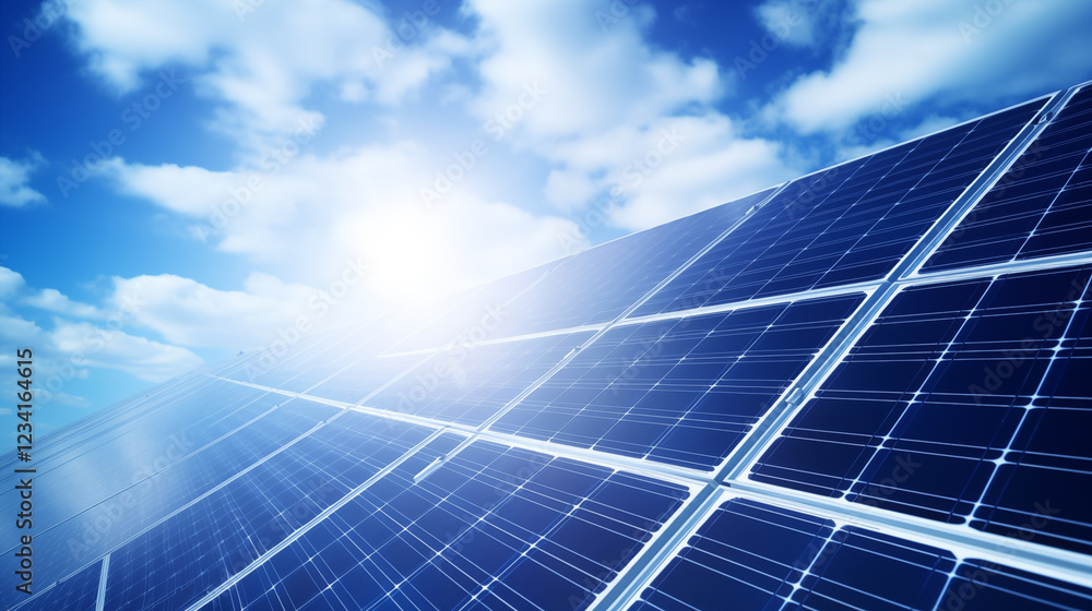Futuristic solar panels reflecting sunlight against a clear blue sky, symbolizing renewable energy and sustainable technology Futuristic solar panels reflecting sunlight against a clear blue sky, symbolizing renewable energy and sustainable technology